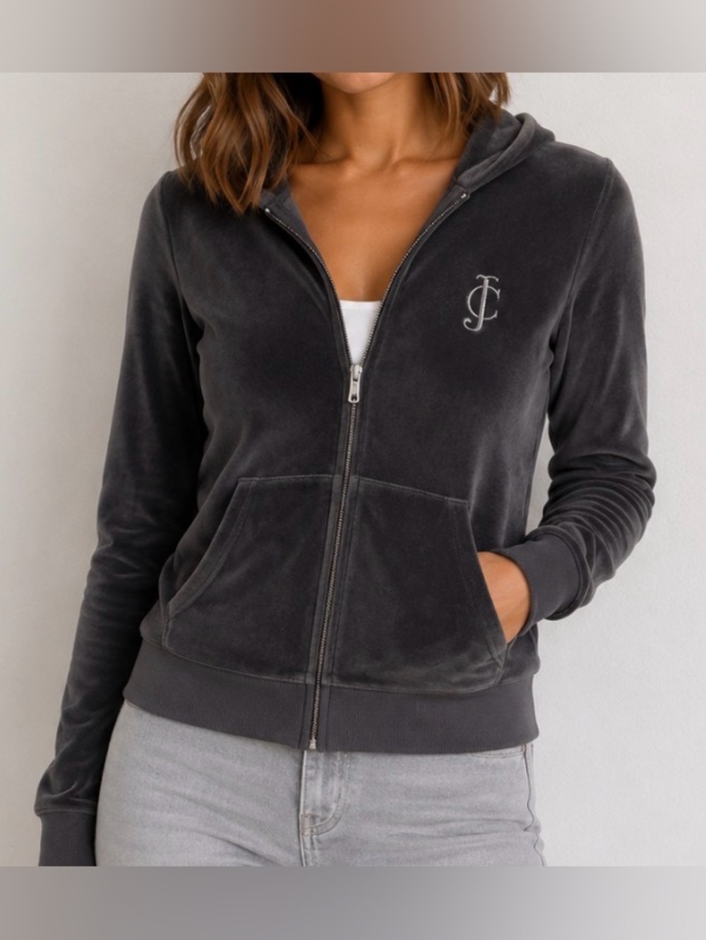 Juicy Couture Jacket Vintage Y2K Gray Velour Zip-Up Track Hoodie Charcoal